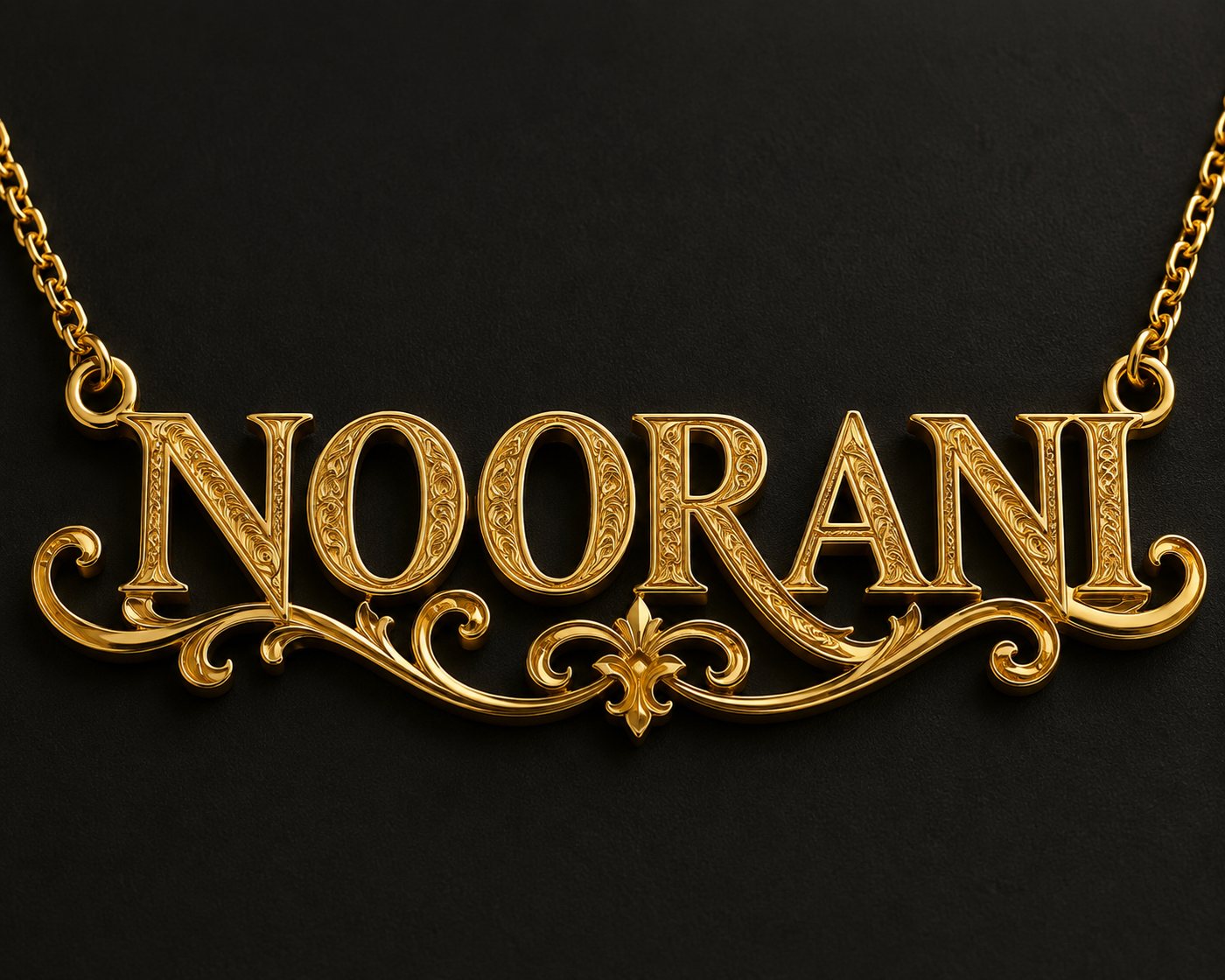 A custom gold nameplate necklace reading NOORANI, handcrafted by Mubarak Jewellery Care